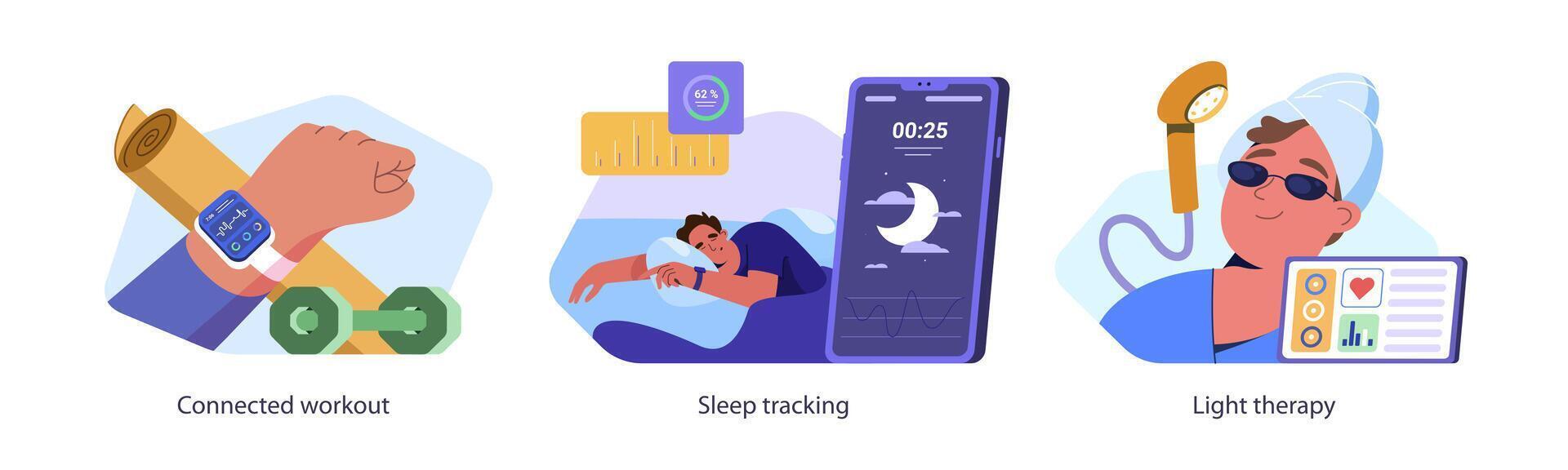 set of sleep tracking, light therapy and connected workout. Digital tracker and diagnostic sleeping app for healthy control. Smart fitness with wearable device for health monitoring. vector