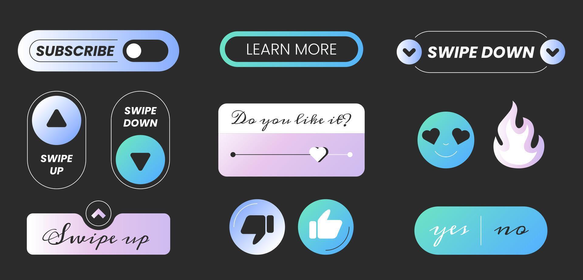 Social media reactions. Flat icons, web design elements on black background. Swipe up, swipe down, learn more, subscribe, stickers and button yes or no. Blogging and communication concept. vector