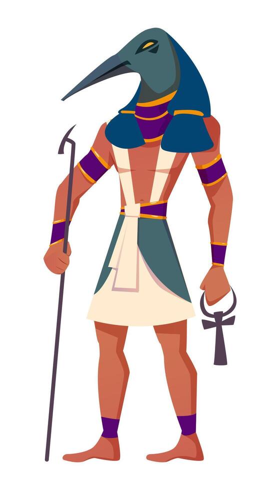 antiguo egipcio Dios thoth con cabeza de ibis plano ilustración. deidad de luna, conocimiento, ciencias y sabiduría aislado en blanco antecedentes. antiguo mitológico personaje desde historia, religión vector