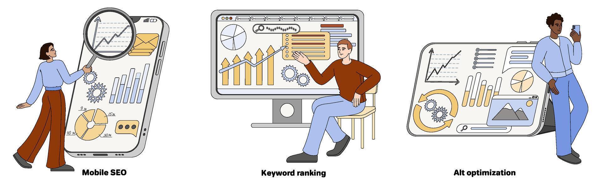 Mobile SEO, keyword ranking and alt optimization concept with working people, computer, phone, laptop. Analytics with keys, growth charts. Internet marketing agency with magnifier and graphs on screen vector