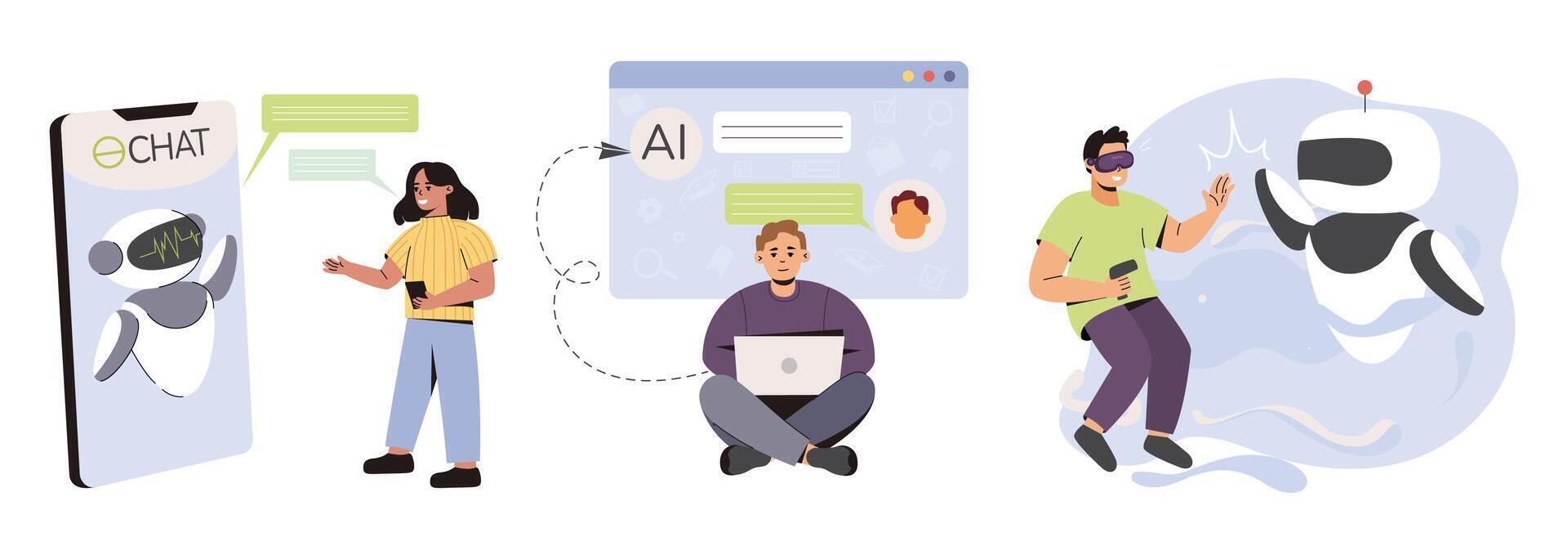 Online communication with chat bot on electronic devices. Chatbot technology, virtual reality and artificial intelligence. Flat characters using ai technology for help, support and answer questions. vector