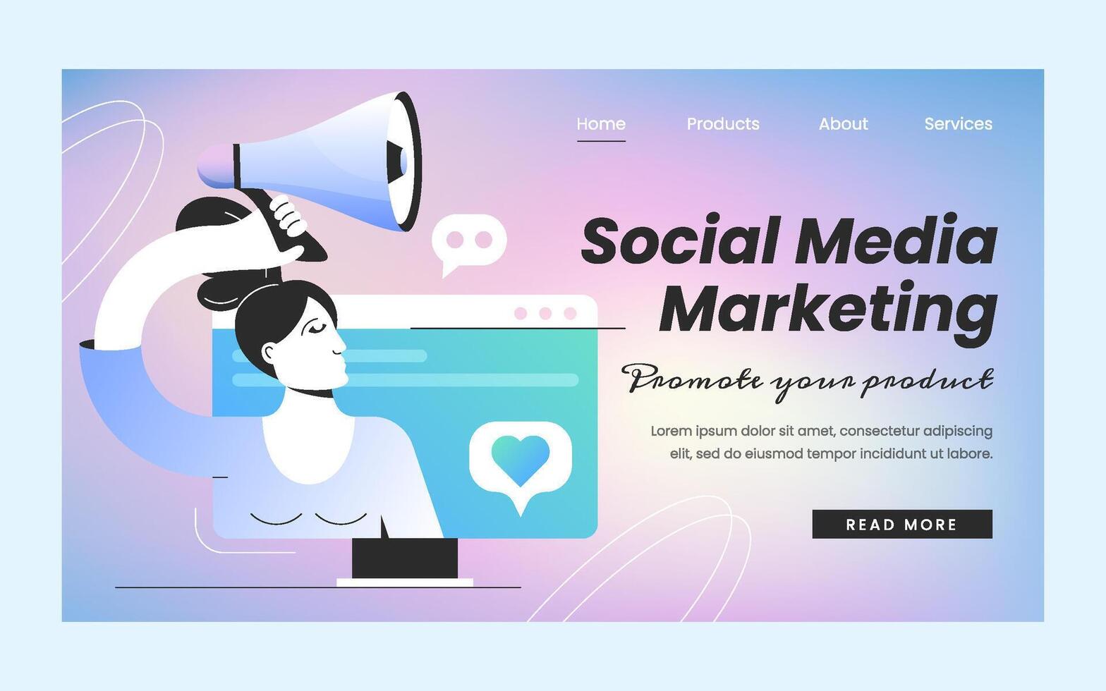 Social media marketing landing page template. web banner of SMM with businesswoman with loudspeaker and icons around. Woman influencer attracting followers in internet. Network advertising. vector