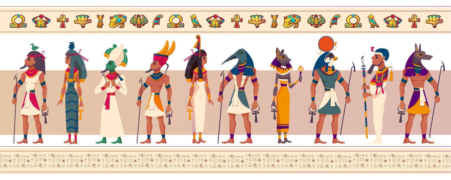 conjunto de antiguo egipcio Dioses y diosas plano caracteres de Egipto mitología, mito El Cairo estatuas real academia de bellas artes, bastardo, maat, aunque, anubis y geb con religioso símbolos aislado en blanco antecedentes. vector