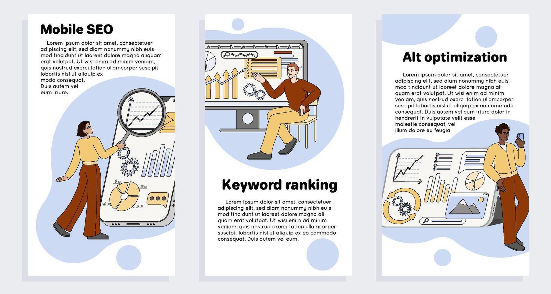 móvil SEO, palabra clave clasificación y alt mejoramiento cuentos plano diseño. conjunto de bandera plantillas con analítica de llaves y crecimiento cartas Internet márketing agencia con lupa y gráficos en pantalla. vector