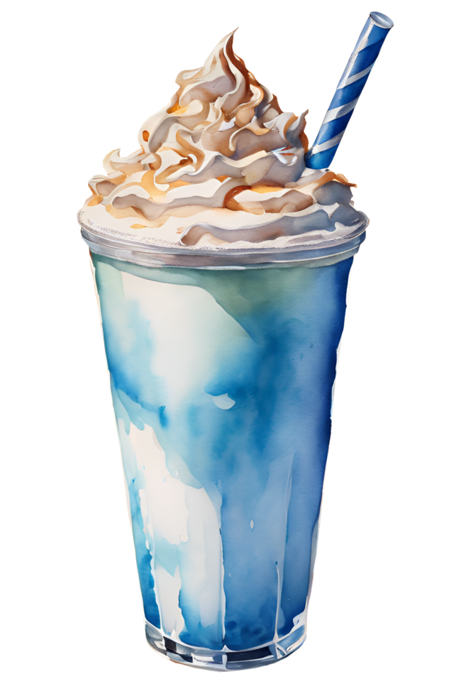 Watercolor and painting cold milk shake with whipped cream caramel and colorful candy topping in plastic glass. Fresh drink Illustration png