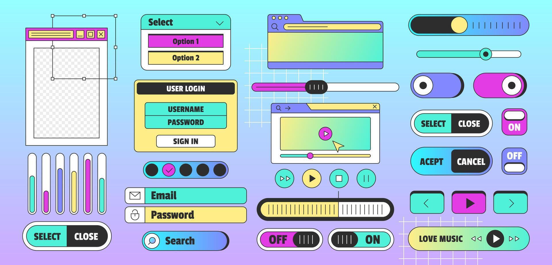 Vaporwave pc desktop with user interface elements. Retro browser computer window in 90s style with message boxes, tab, button, search bar, login and mail icons on gradient background. vector