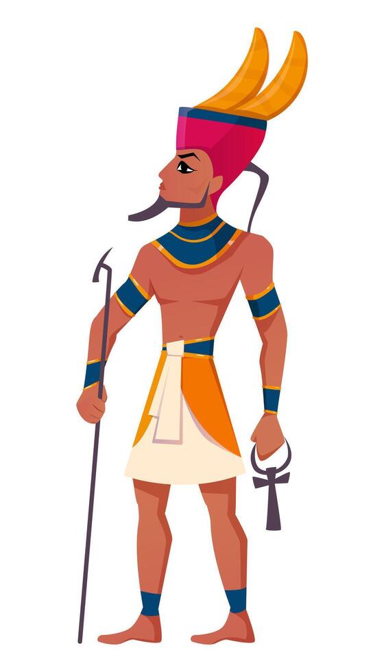 Ancient Egyptian god Amun flat illustration. Deity of Egypt air and sun isolated on white background. Antique mythological character from history, religion person. vector