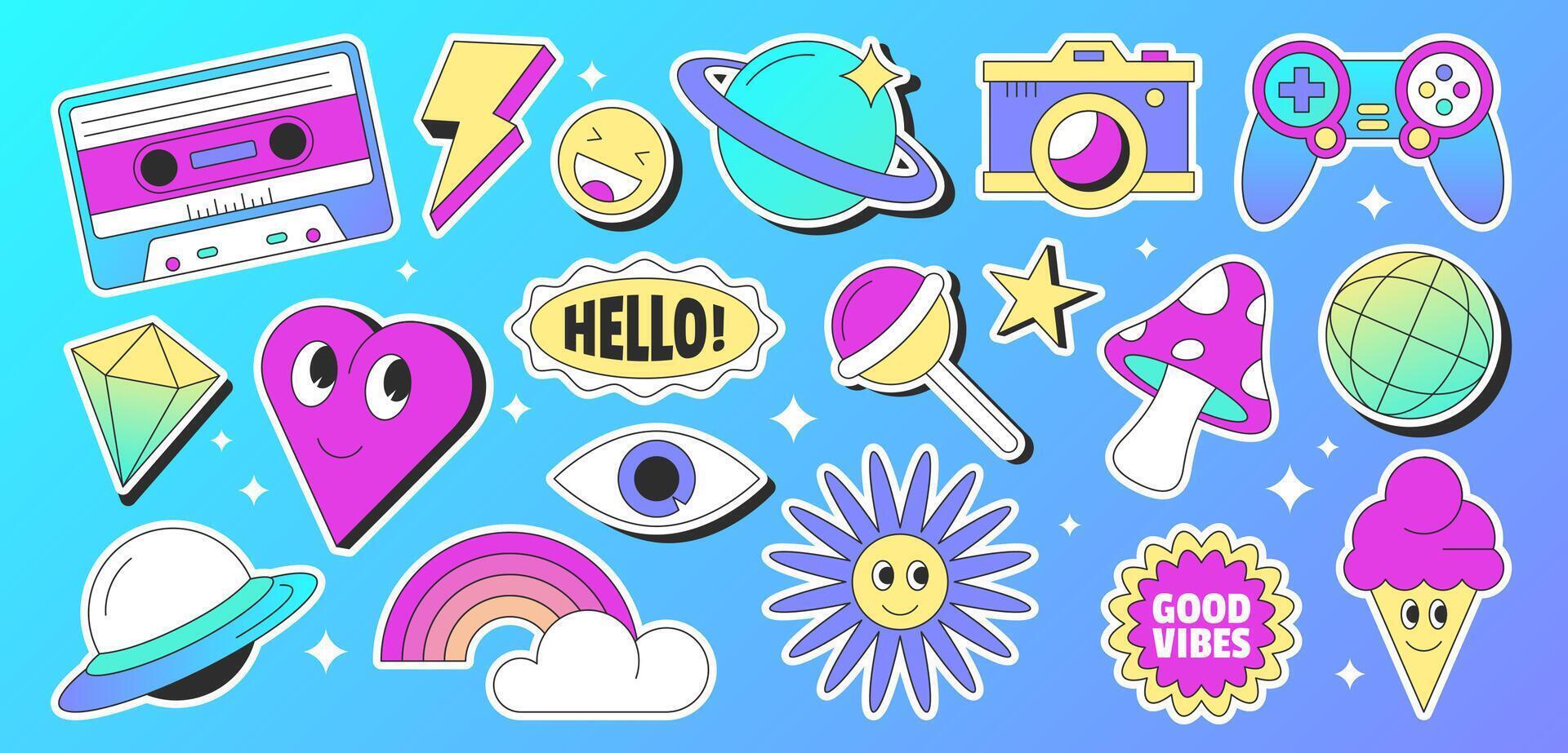 retro style sticker pack with 90s elements. Collection of cute characters and mushroom, rainbow, planet, ufo, camera, game joystick and cassette. Objects set on blue background. vector