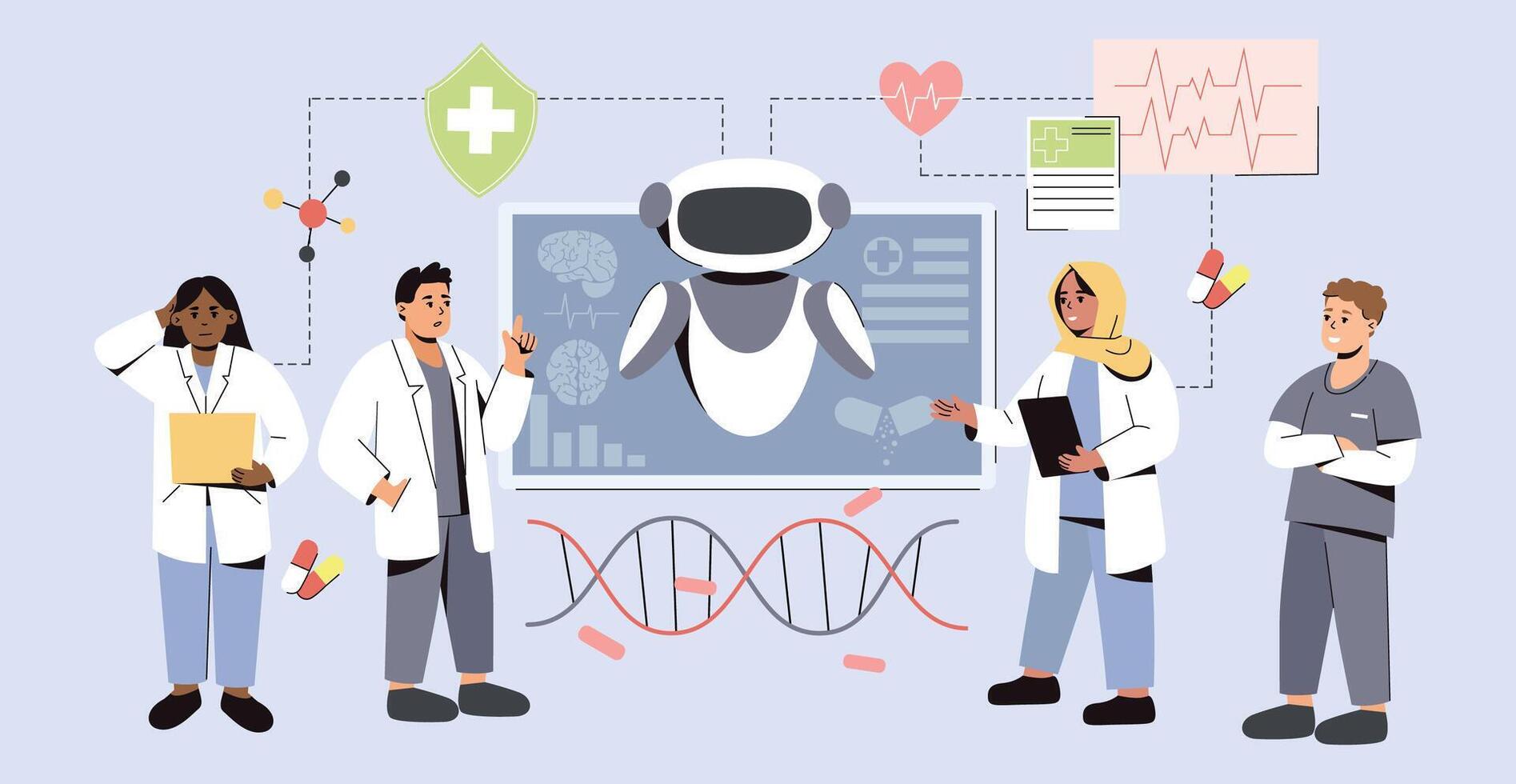 AI in medicine. Artificial Intelligence help in medical diagnosis and treatment of patients. Futuristic tech in medicine. Flat doctors using innovative technologies for research and disease analysis. vector