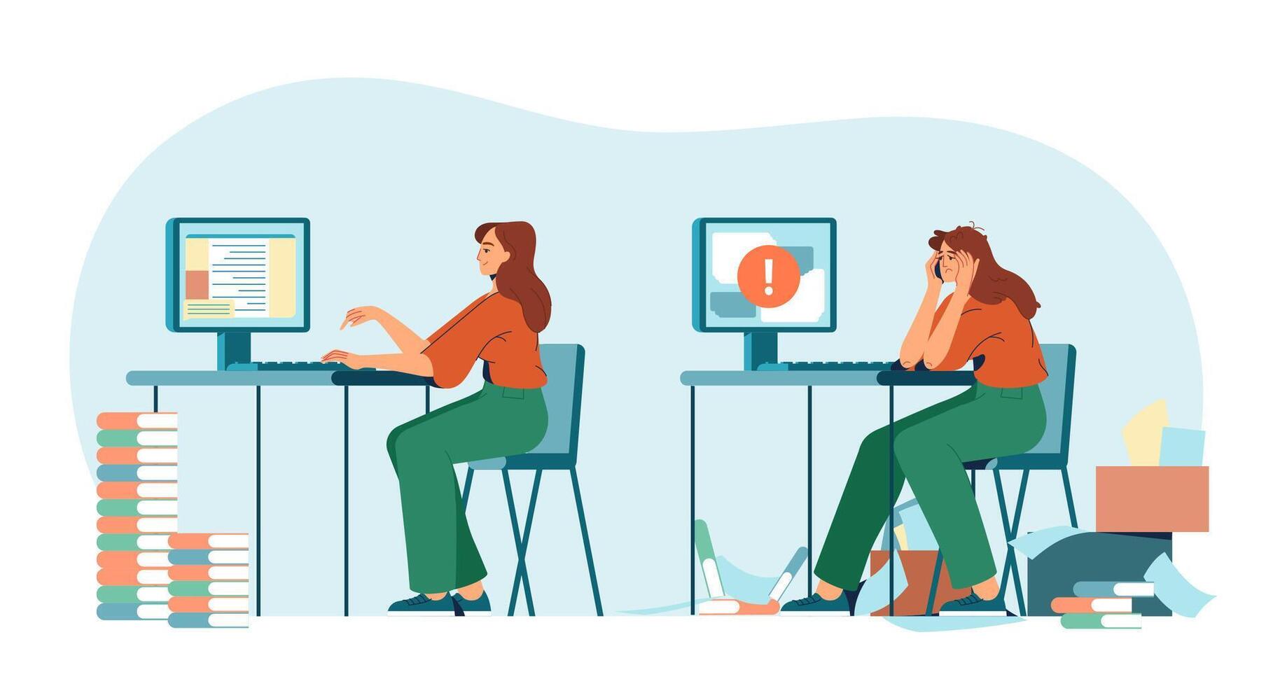 Full of energy and tired exhausted woman office worker at workplace. High and low energy levels. Professional burnout syndrome. Flat concept of stress, overworked, tiredness and mental health problems vector
