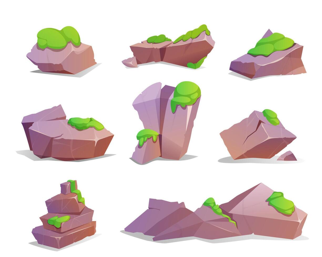 Cartoon set of moss covered stones. Granite blocks, hard rock lumps in green forest lichens. Solid mountain debris or crag for computer games. Broken rocky cobbles isolated on white background. vector