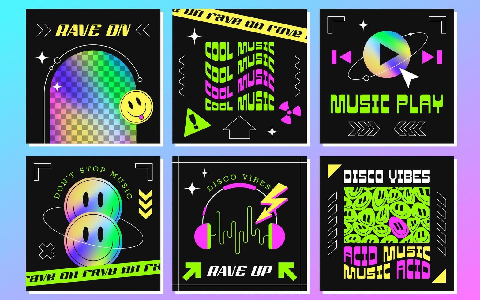 Music event social media posters templates with geometric shapes, smiles and rainbow holographic gradient. Set of banners, flyers in y2k style. Disco posters with neon copy space, hologram elements. vector