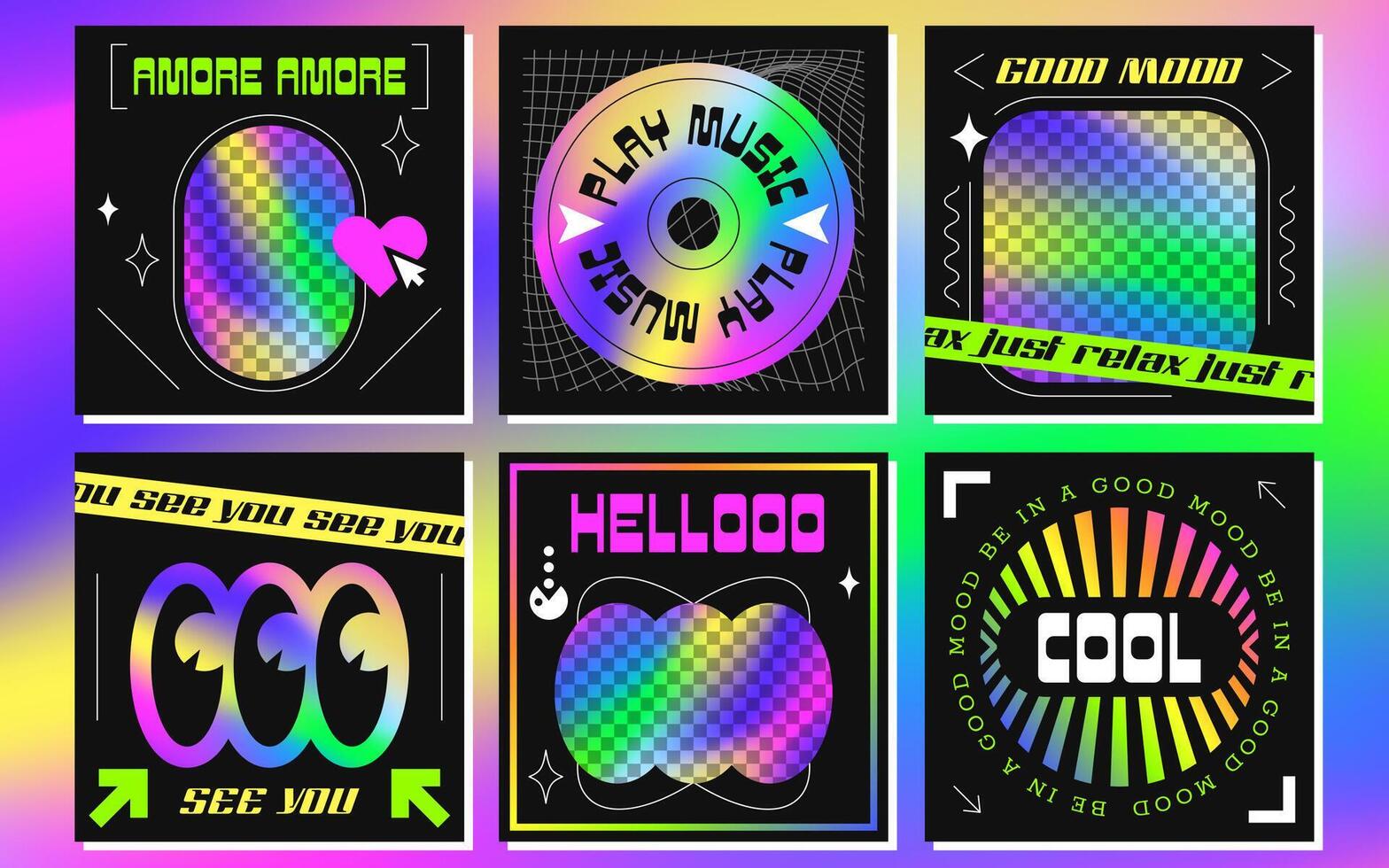 Trendy social media post templates with abstract geometric shapes, acid labels in y2k style. Vintage banners with neon copy space for photo or text. Set of holographic groovy elements and symbols. vector