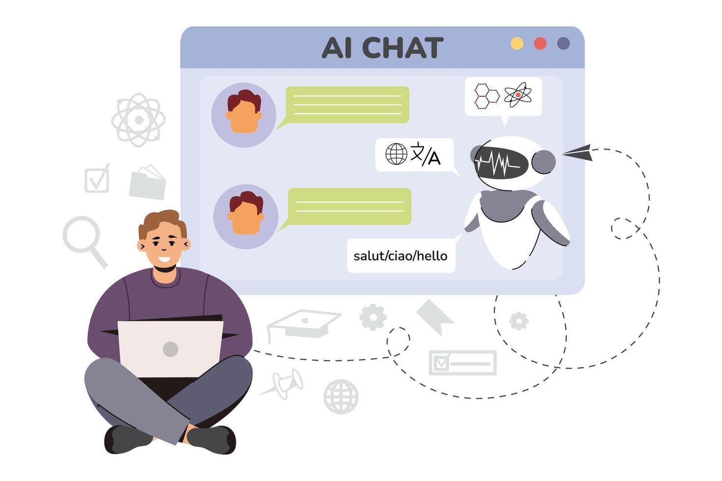 Artificial intelligence concept. Flat man using Ai technology for help with tasks and answer questions. Online communication with chat bot. Character chatting with chatbot. Digital assistant in laptop vector