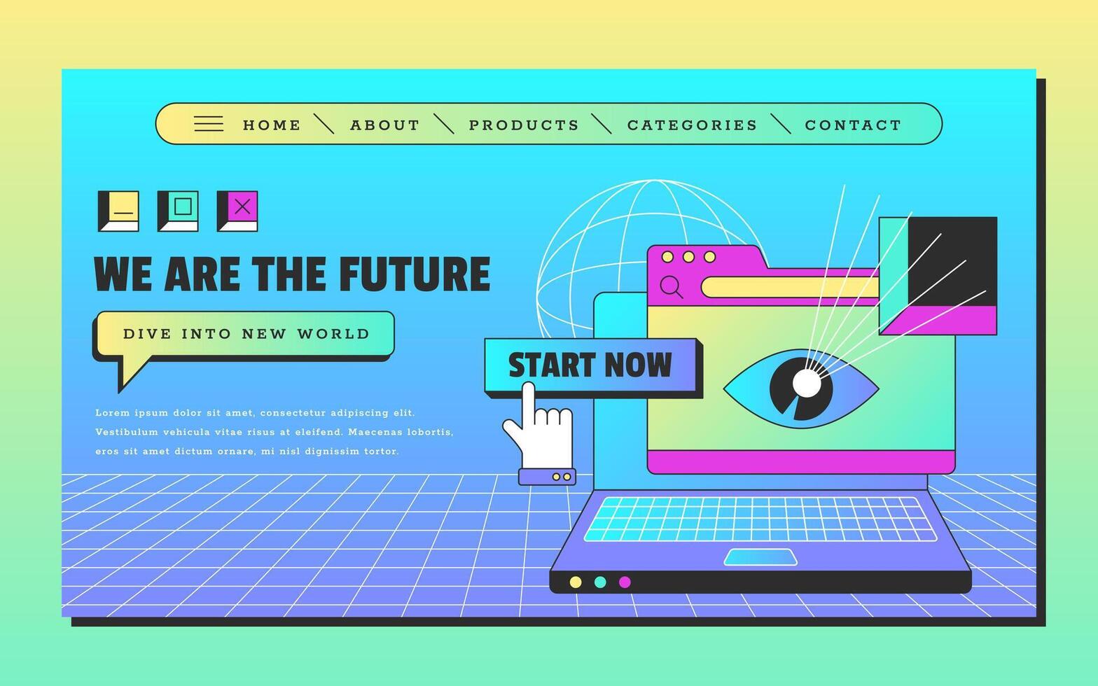 Retro vaporwave landing page. Social media design template with laptop, browser tab and open webpage. Computer window with graphic stickers in 90s vintage style flat illustration vector
