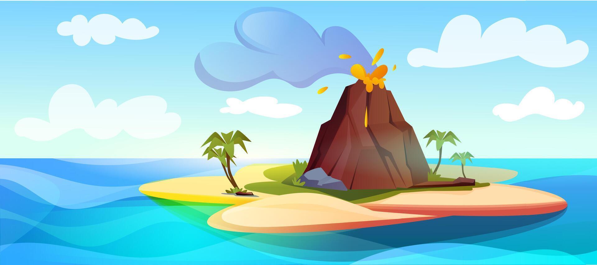 volcán erupción con caliente lava y negro fumar nubes tropical isla con activo montaña de fumar cráter, líquido magma, palma arboles y arena playa. Oceano paisaje dibujos animados ilustración. vector