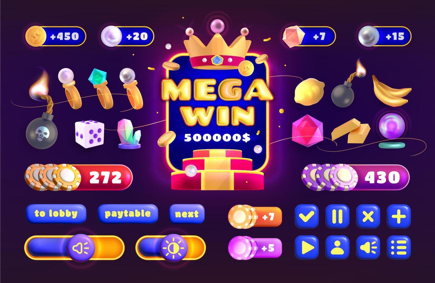 Casino icon for gambling ui game interface cartoon element set. Buttons and icons for slots game collection. Design interface elements, progress bars and lucky symbols for mobile gamble app . vector