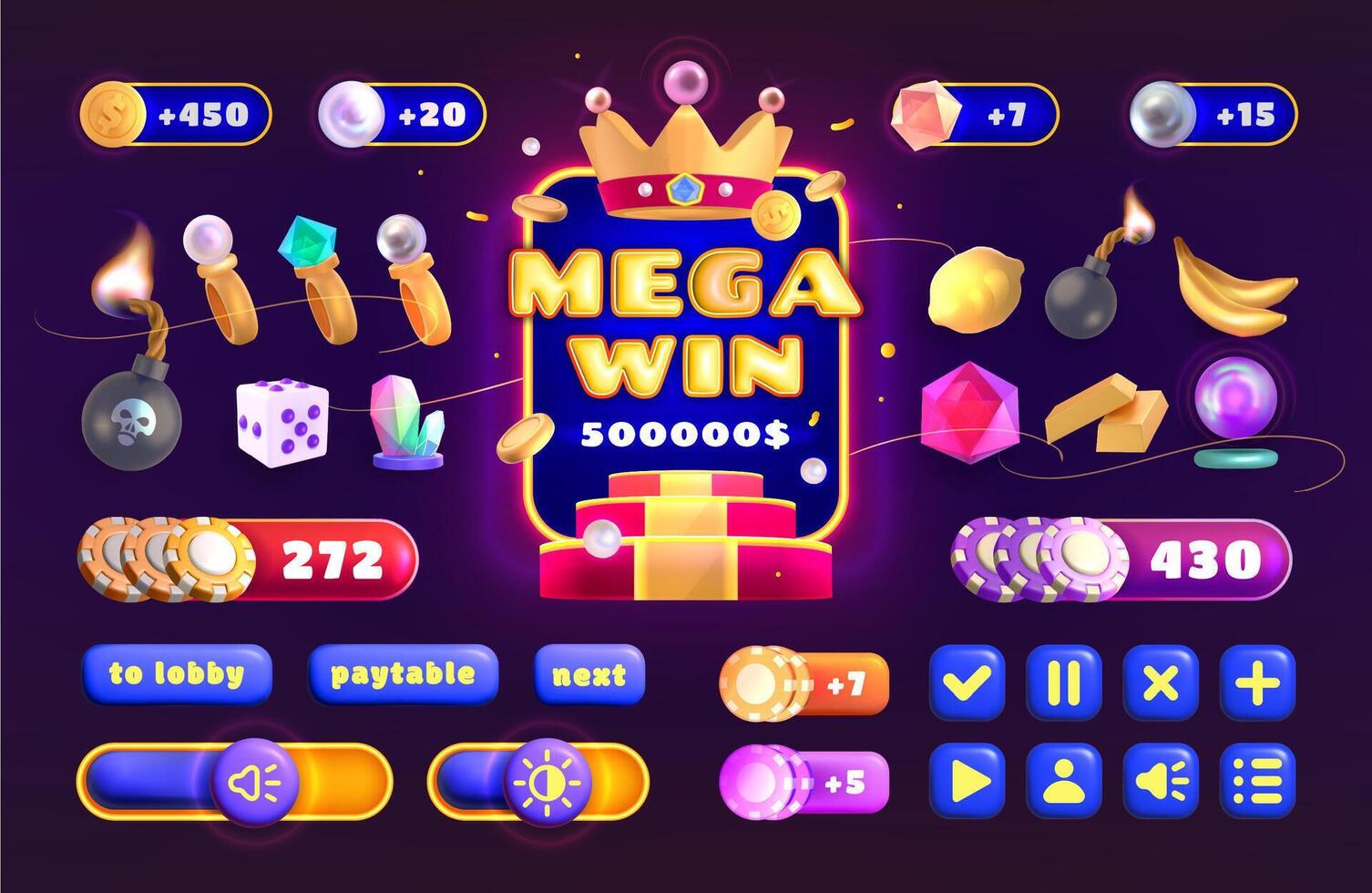 casino icono para juego ui juego interfaz dibujos animados elemento colocar. botones y íconos para ranuras juego recopilación. diseño interfaz elementos, Progreso barras y suerte símbolos para móvil jugar aplicación . vector