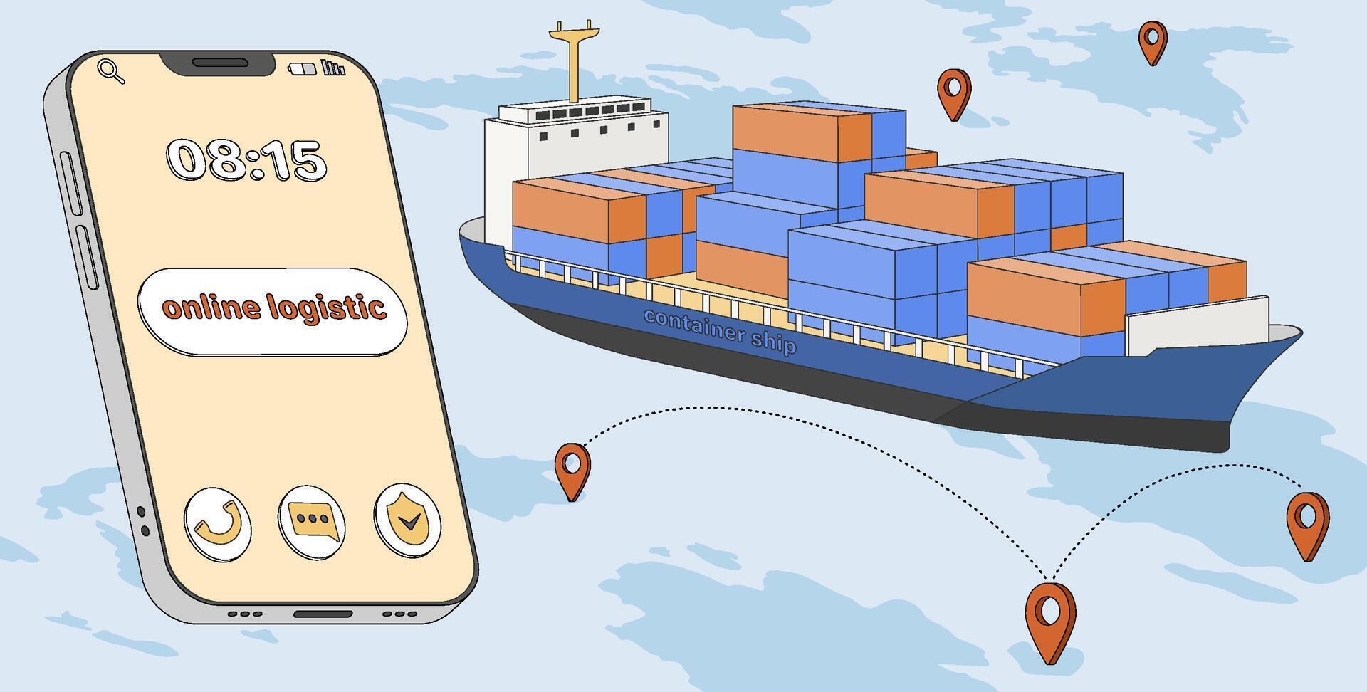 Smart logistics with cargo ship containers and huge smartphone. Online delivery with mobile service with boat location and ocean tanker. Order tracking of sea shipping goods flat illustration vector