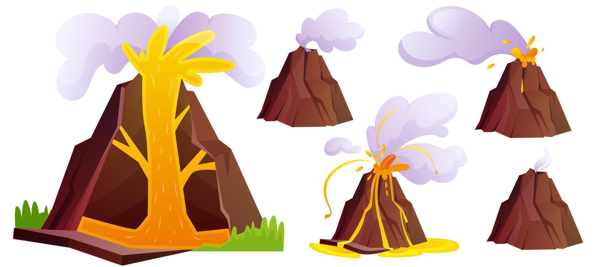 dibujos animados conjunto de volcánico erupción etapas natural volcán estalla con ceniza, gases, caliente lava, fuego y nubes de fumar. montaña rocoso colinas con fluir magma y cráter aislado en blanco antecedentes vector