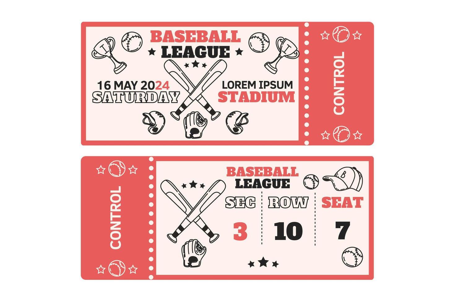 Entry tickets to championship baseball or softball. Design template at game tournament. Paper coupons for sport competition with play ball, bat and mitt. Stadium entrance pass illustration vector