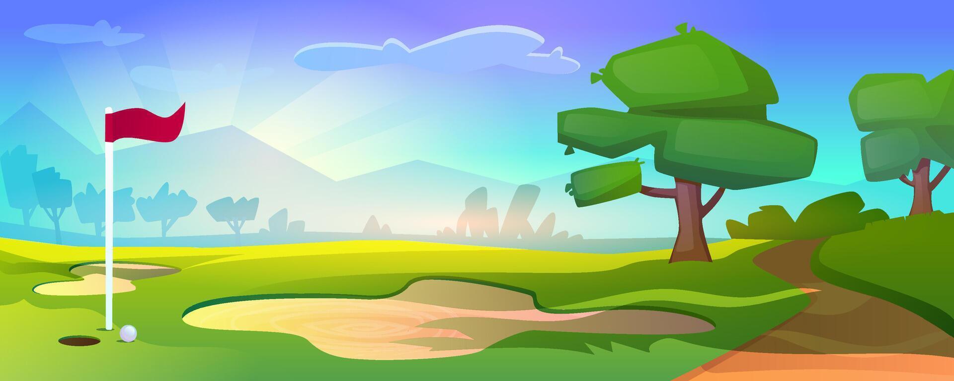 Empty golf course on nature landscape with red flag, white ball on grass, trees and blue cloudy sky. Countryside place of sport field for golf with sand bunker, green lawn cartoon illustration. vector