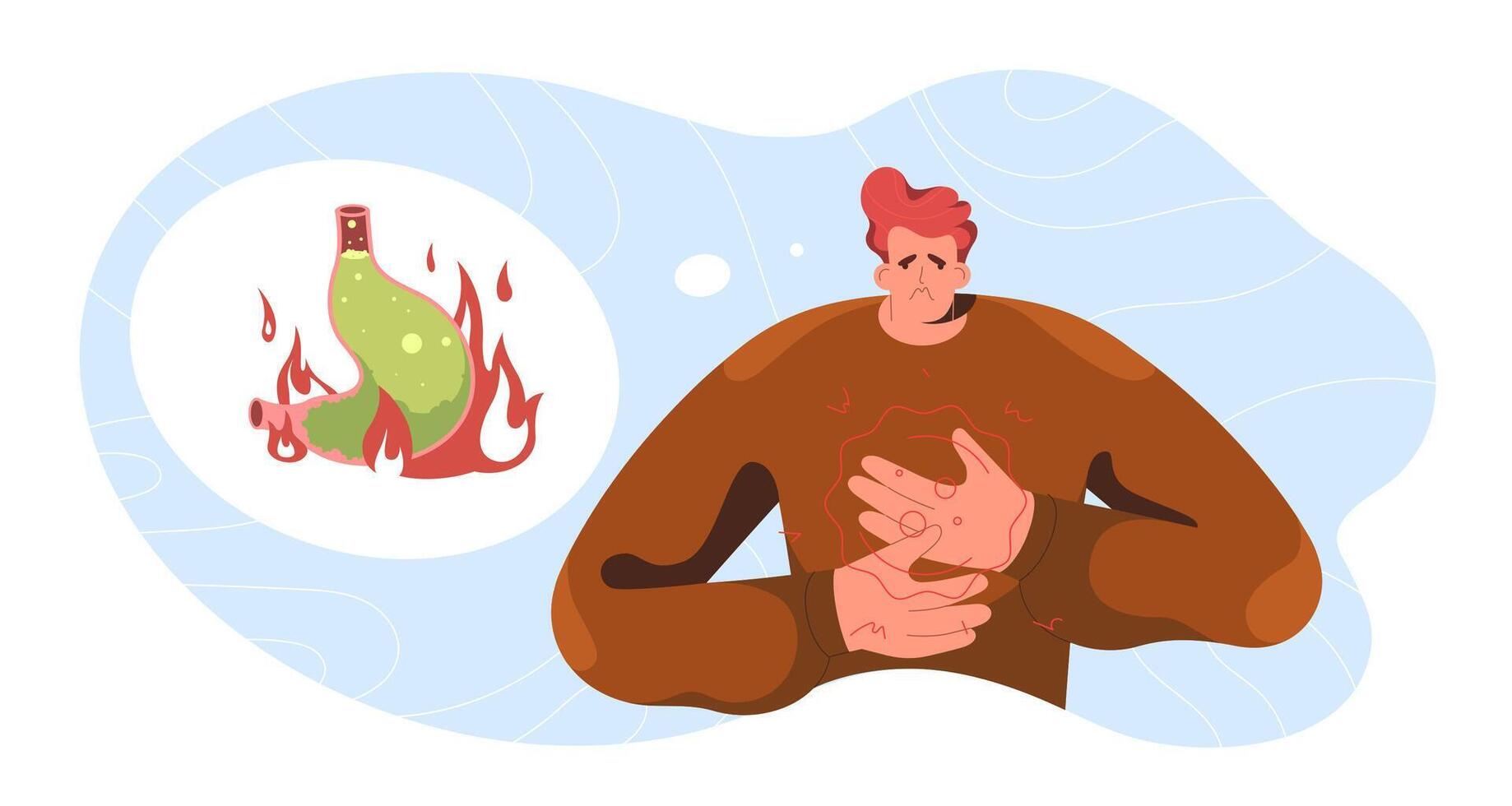 Flat unhappy man with stomachache. Sick character suffering from heartburn in stomach, abdomen pain or digestive disorders. Heartburn, gastrointestinal diseases, acid reflux or gastritis concept vector