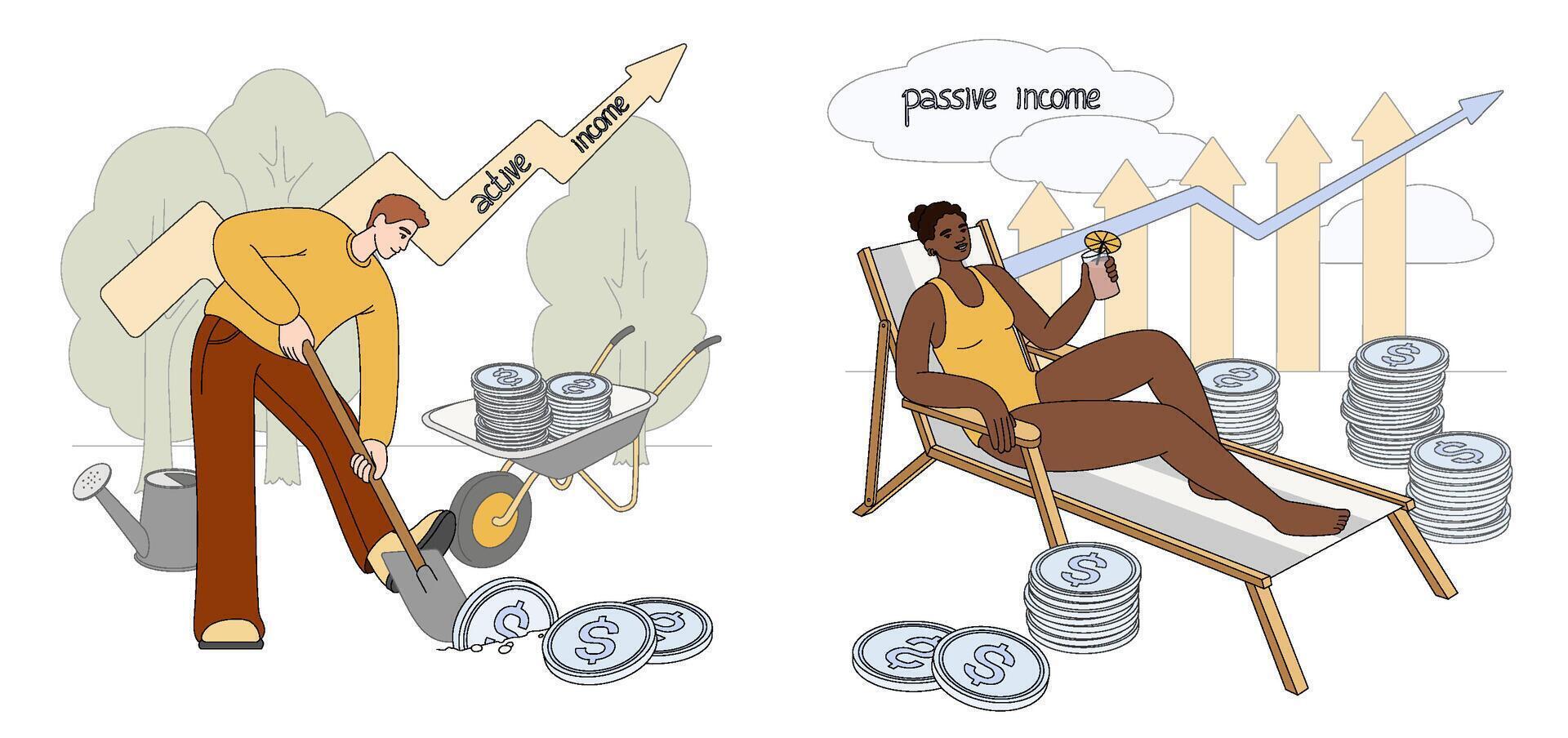 Passive and active income concept. Flat businessman with shovel digging up coins. People work, receive profit and increase incomes. Investor woman relax in chair and get money profits, stock dividends vector