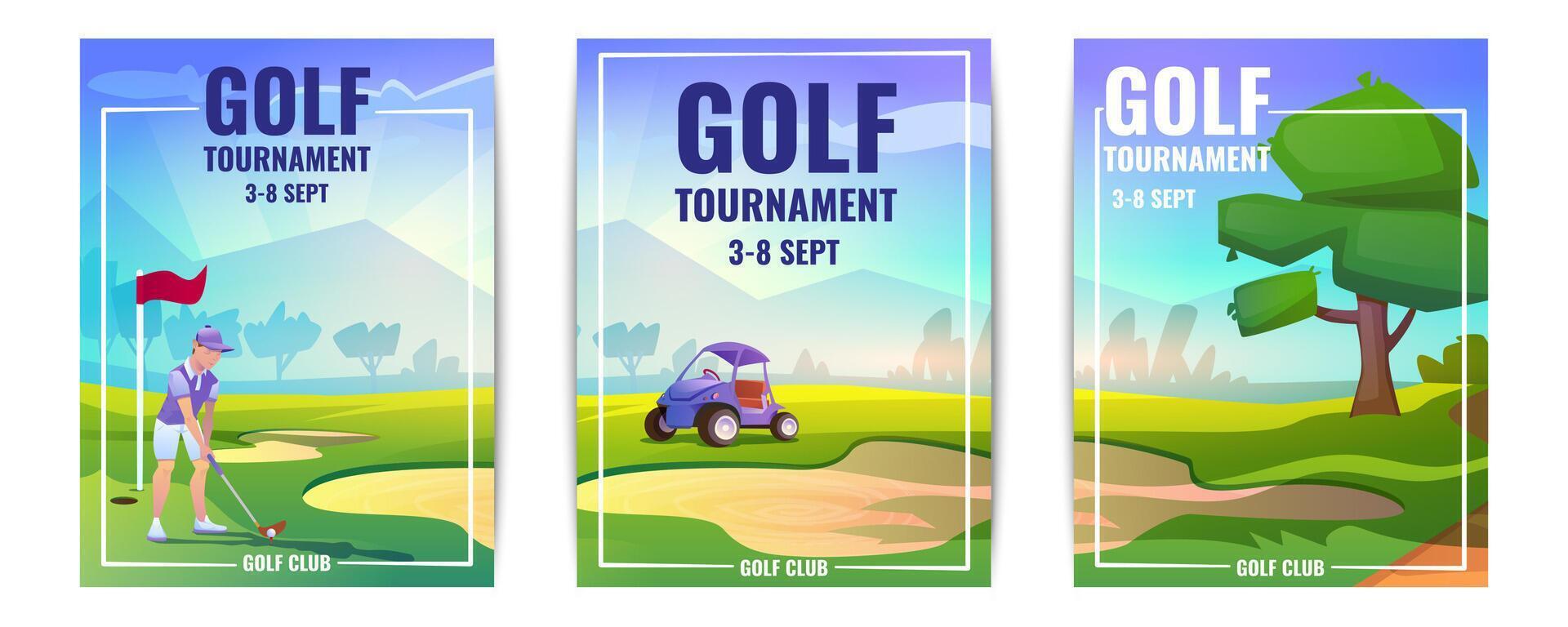 cartoon flyers or golf tournament posters with player man. Golfer person with putter and white ball, car, grass, tee and flag. Advertising sport competition vertical banners with sand bunker. vector