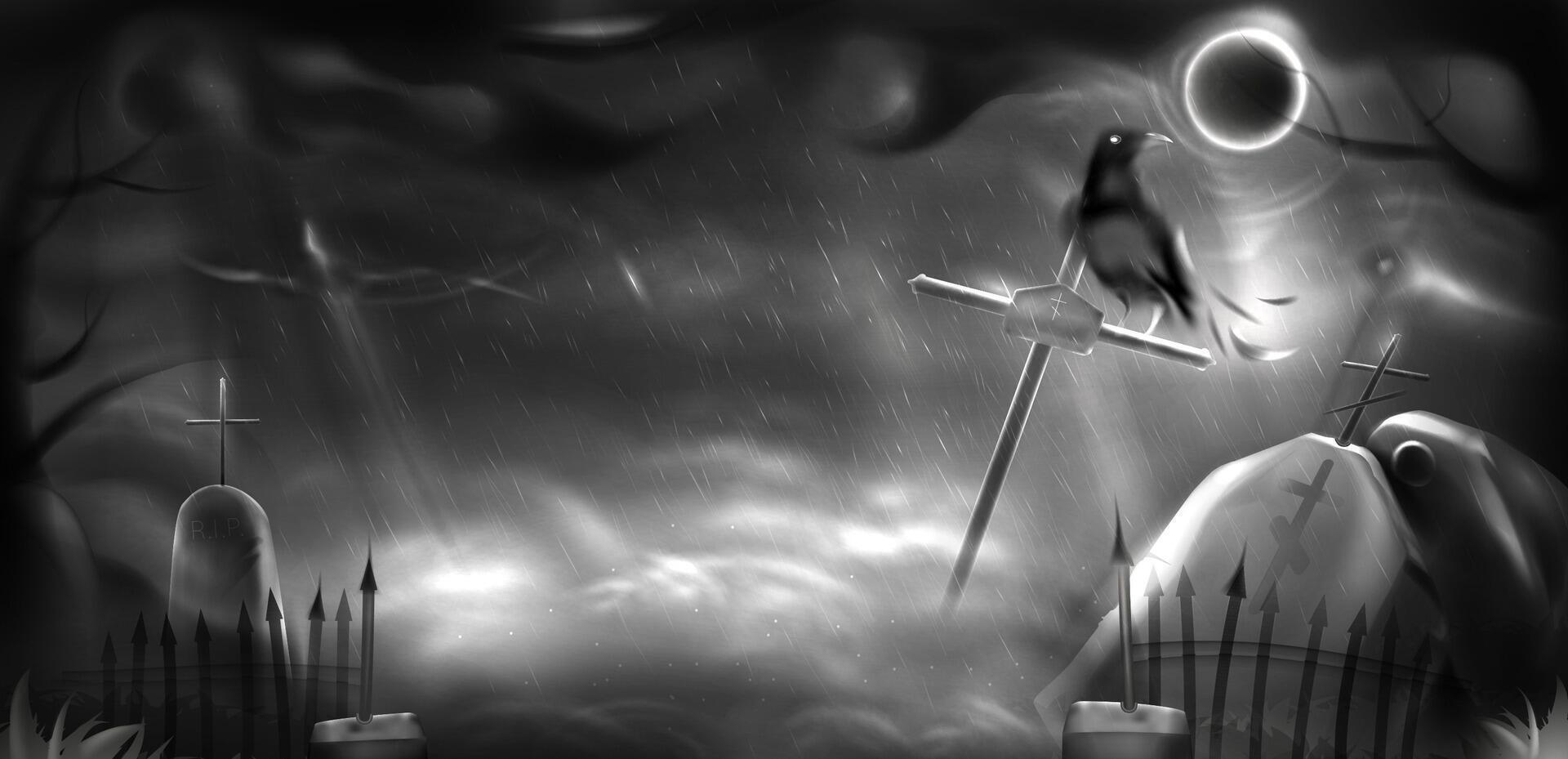Halloween realistic with mystical moonlight on dark sky, rain and mist. Scary night cemetery with black crow on old crosses. Ancient graveyard with gravestone, creepy tombstones in fog vector