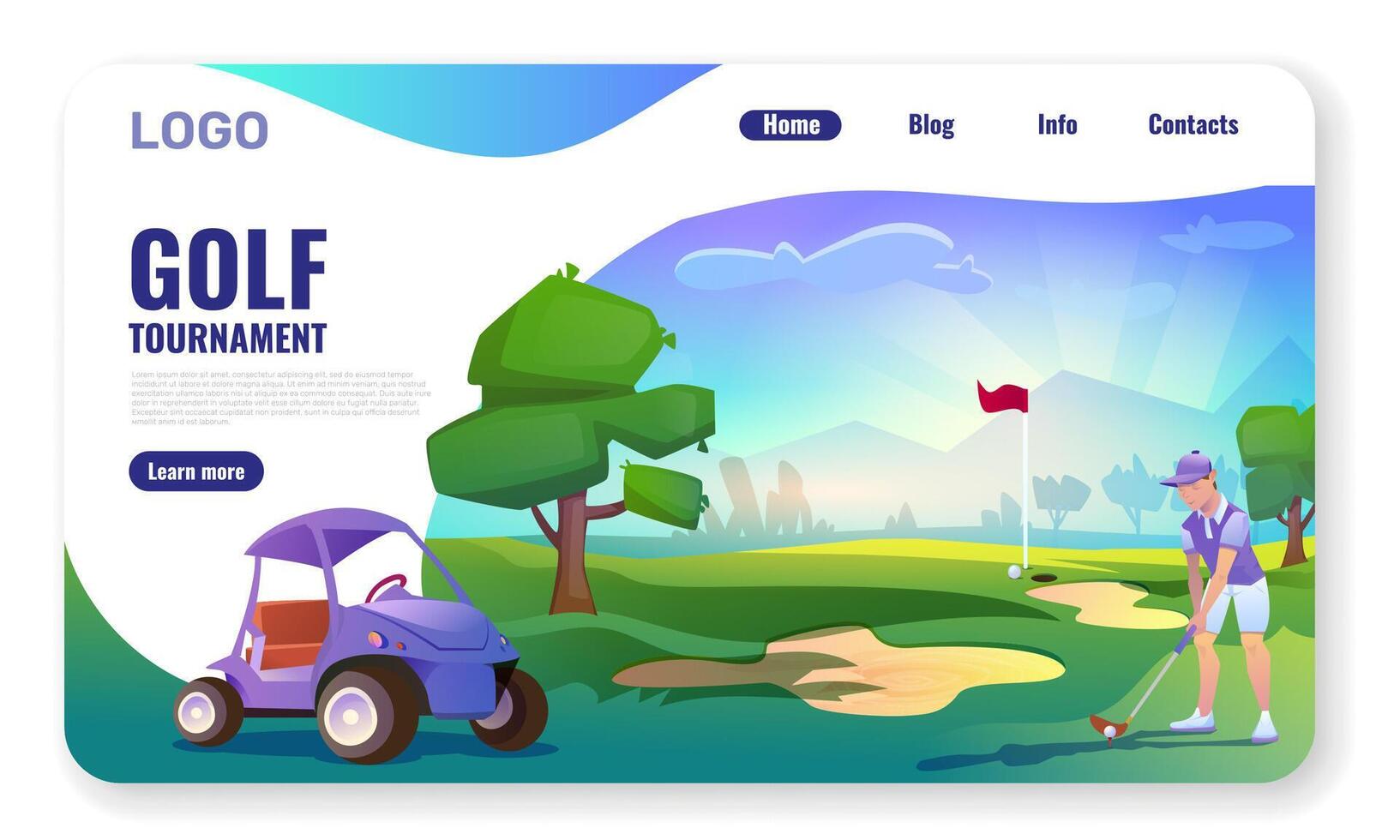 banner or landing page with golf course, player man, golf cart on green play field, sand trap and hole with flagstick. Golfer person in country sports club. Golf tournament web page template vector