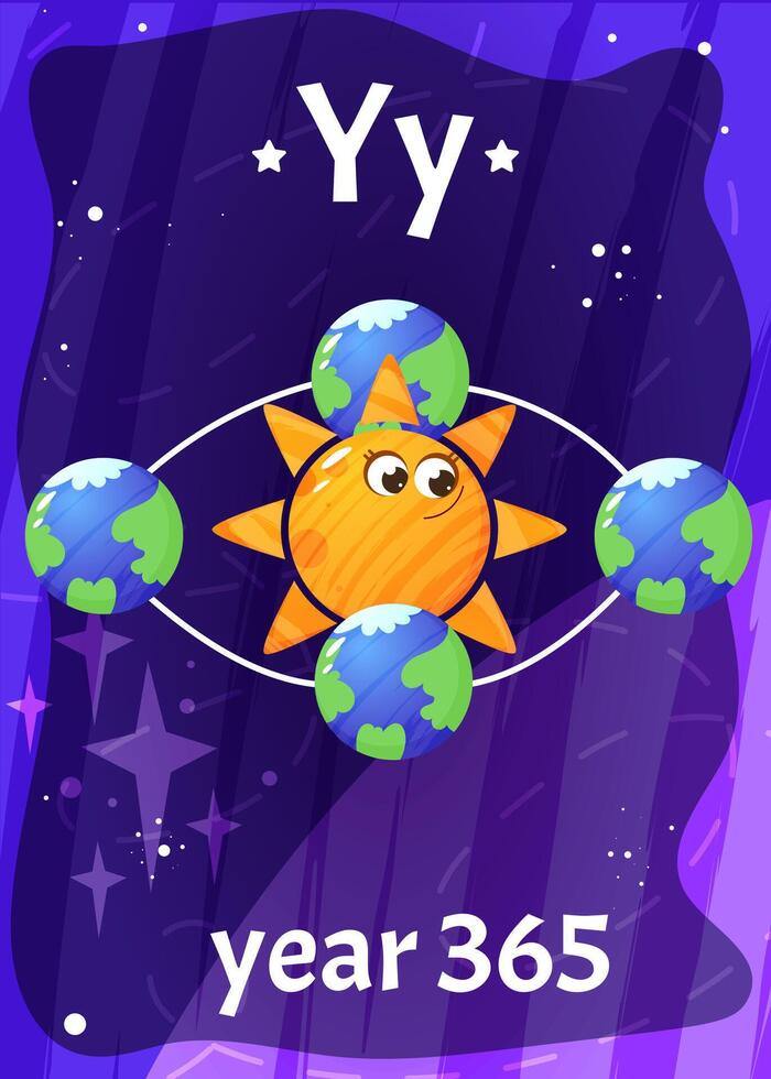 Printable space alphabet flashcard with letter Y. Cartoon earth around the cute sun with english word name on flash card for children education. Kid cards for teaching reading in kindergarten vector