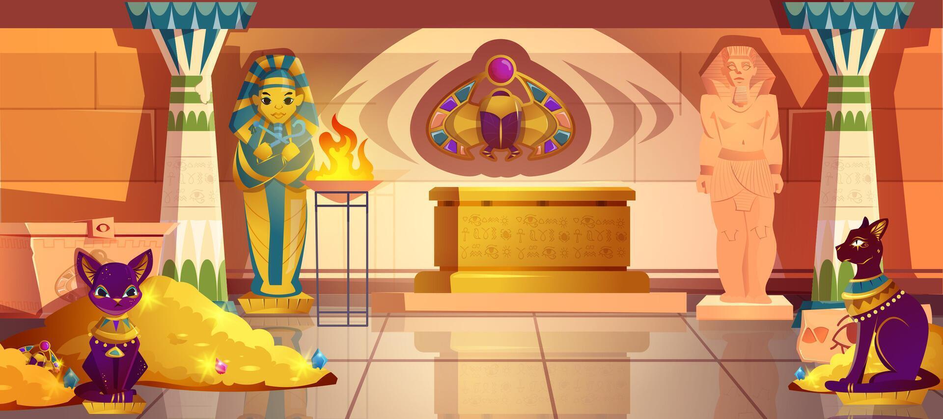 Cartoon Egypt tomb with pharaoh sarcophagus, old stone pillar, gold pile of jewelry and treasure, chest. Ancient temple interior with bastet sculpture, scarab on wall and hieroglyphs. Pyramid inside vector