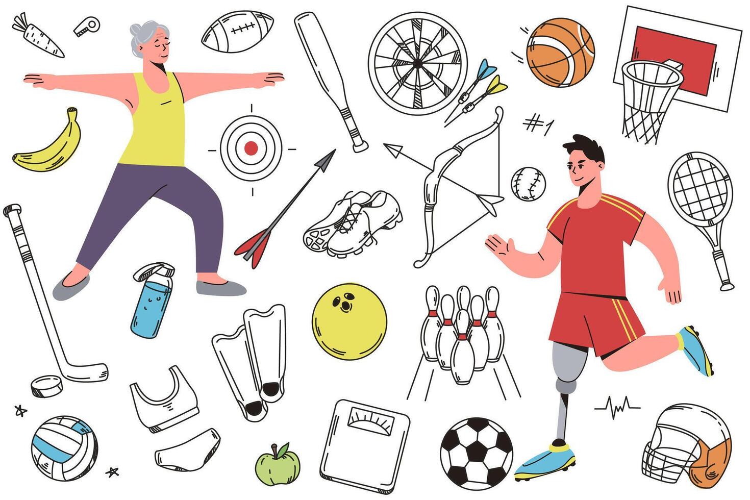 Hand drawn illustration set of sport doodle icons. Sports equipment and accessories with balls, racquet, helmet, flippers, scales, shoes and healthy food. People play football and doing fitness vector