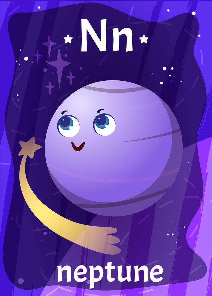 Printable space alphabet flashcard with letter N. Cartoon cute neptune planet in solar system with english word name on flash card for children education. Kid cards for teaching reading in preschool vector