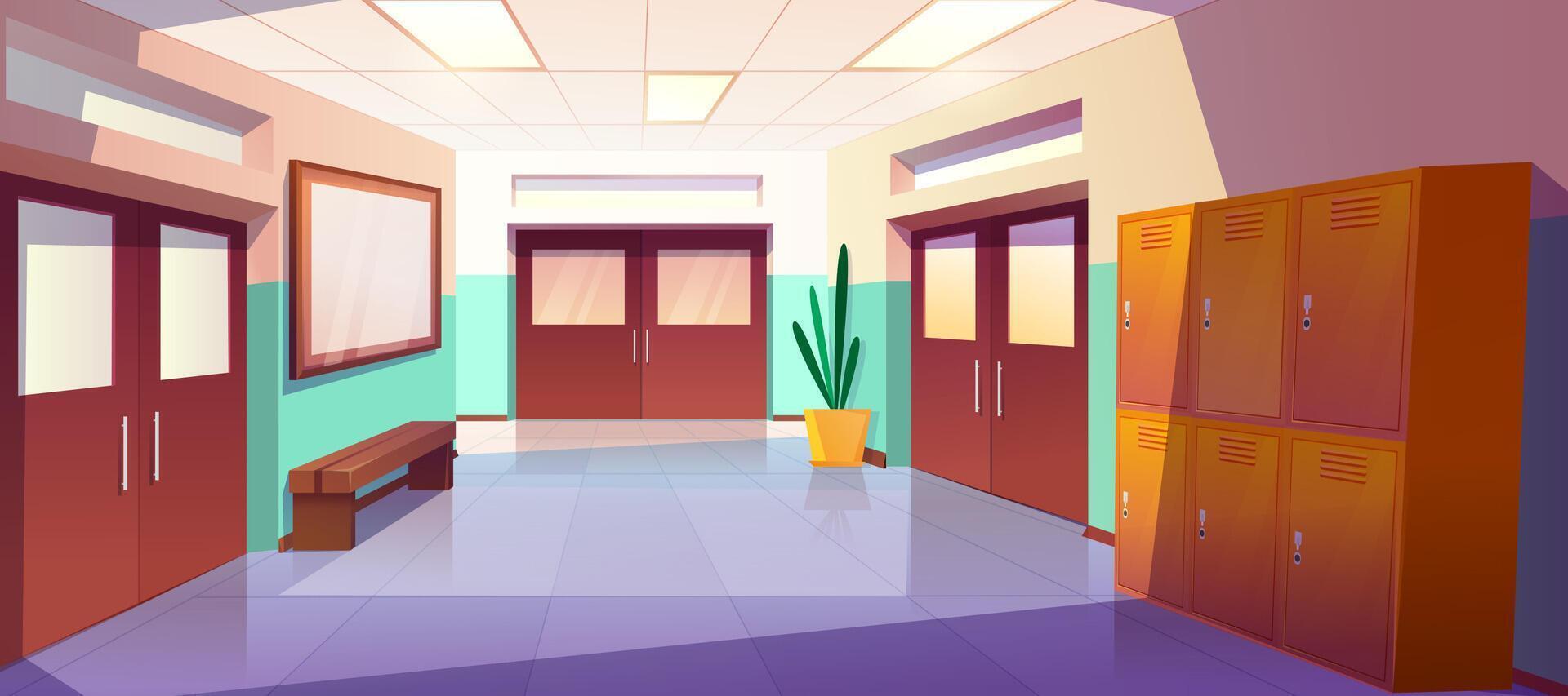 cartoon school hallway interior with metal lockers, ceiling lights, bench and bulletin board on wall. Empty university or college corridor with closed classroom doors and plant on floor. vector