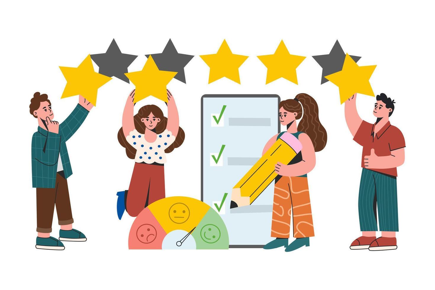 Customer feedback flat illustration. Online survey with questionnaire and emotions scale. People holding gold stars in hands and leaving positive review. Client satisfaction level, evaluation vector