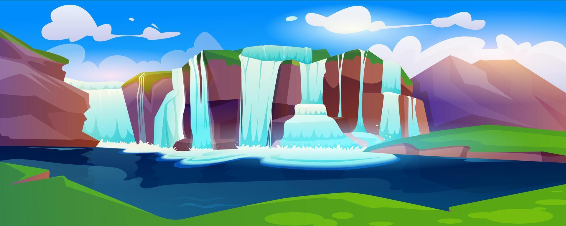 Jungle forest cartoon landscape with waterfall. Tropical natural scenery with cascade of rocks with flow water to creek or lake. River stream flowing from stones in wild park vector