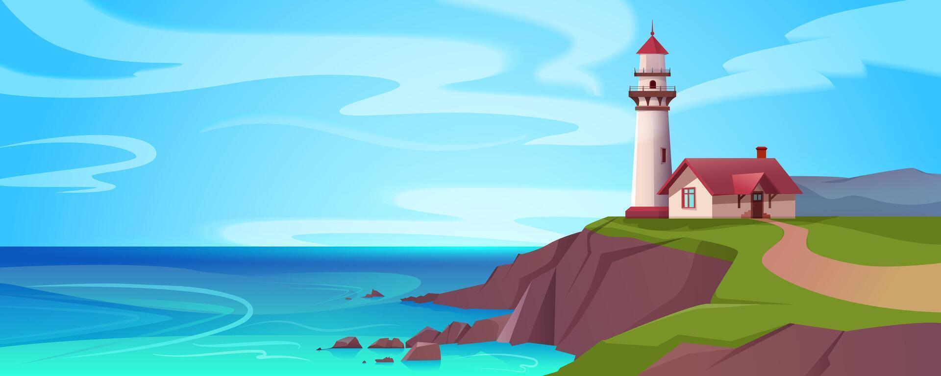 Cartoon ocean shore with lighthouse. Light house on sea coast. Coastline landscape with beacon and signal building on cliff. Summer seashore with rocky beach and marine navigation tower on seaside vector