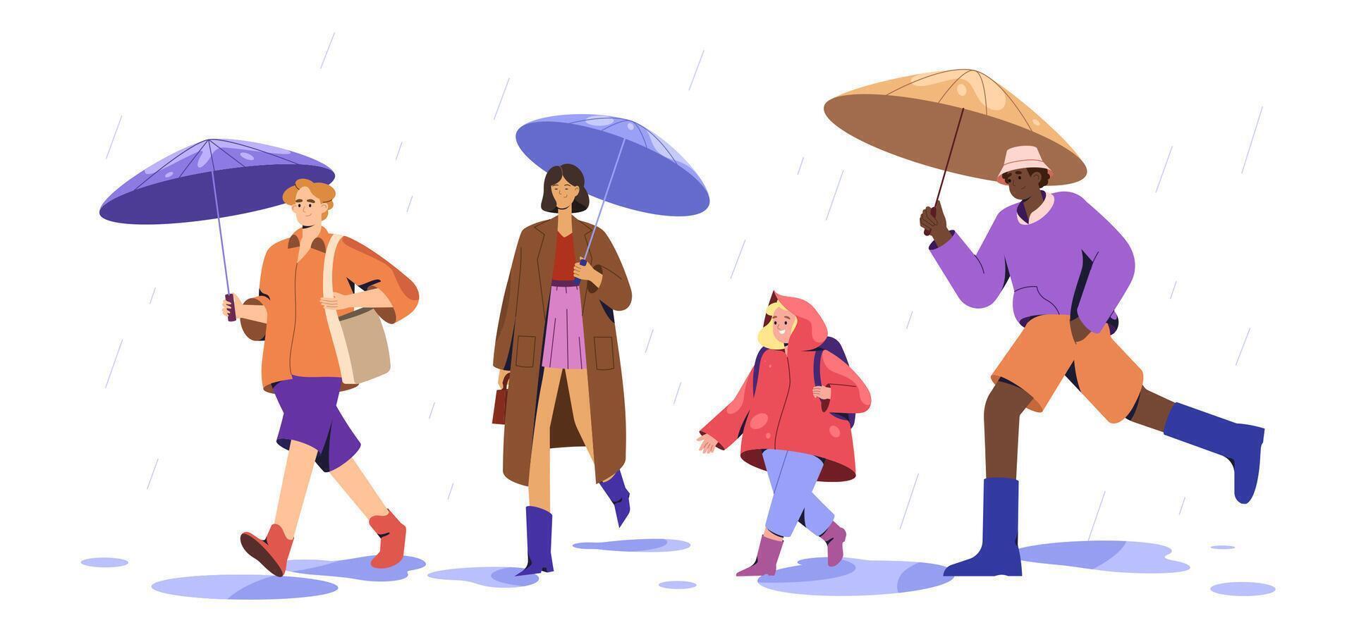 Flat set of multicultural people with umbrellas walking in puddles at rainy weather. Stylish young man, woman and happy child characters under stormy rain. Monsoon season with rainfall in city street vector