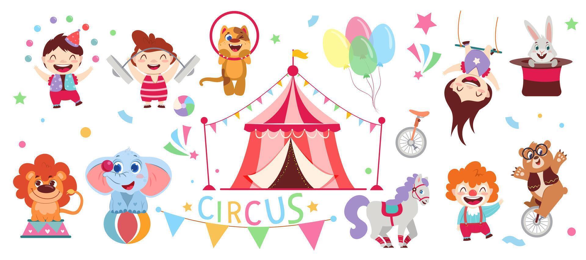 Set of cartoon circus tent, happy artists, funny performers animals and decoration in amusement park. Flat juggler, clown, gymnast and strongman. Elephant , bear, lion, rabbit and pony show carnival vector