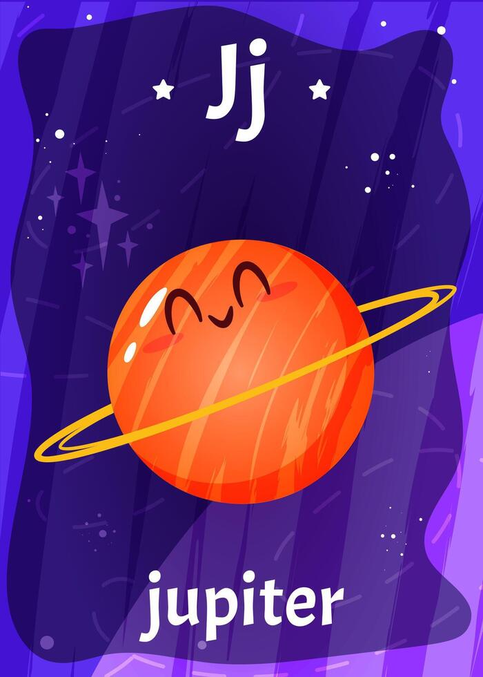Printable space alphabet flashcard with letter J. Cartoon cute jupiter planet in solar system with english word on flash card for children education. Kid cards for teaching reading in kindergarten vector