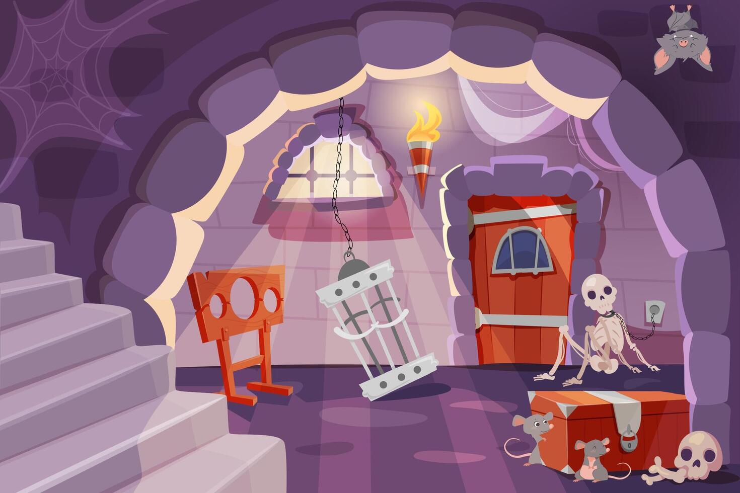 cartoon of castle dungeon with medieval prison cell for prisoners. Interior ancient room with skeleton, pillory, iron shackles on stone walls,, cage and wooden chest and door vector