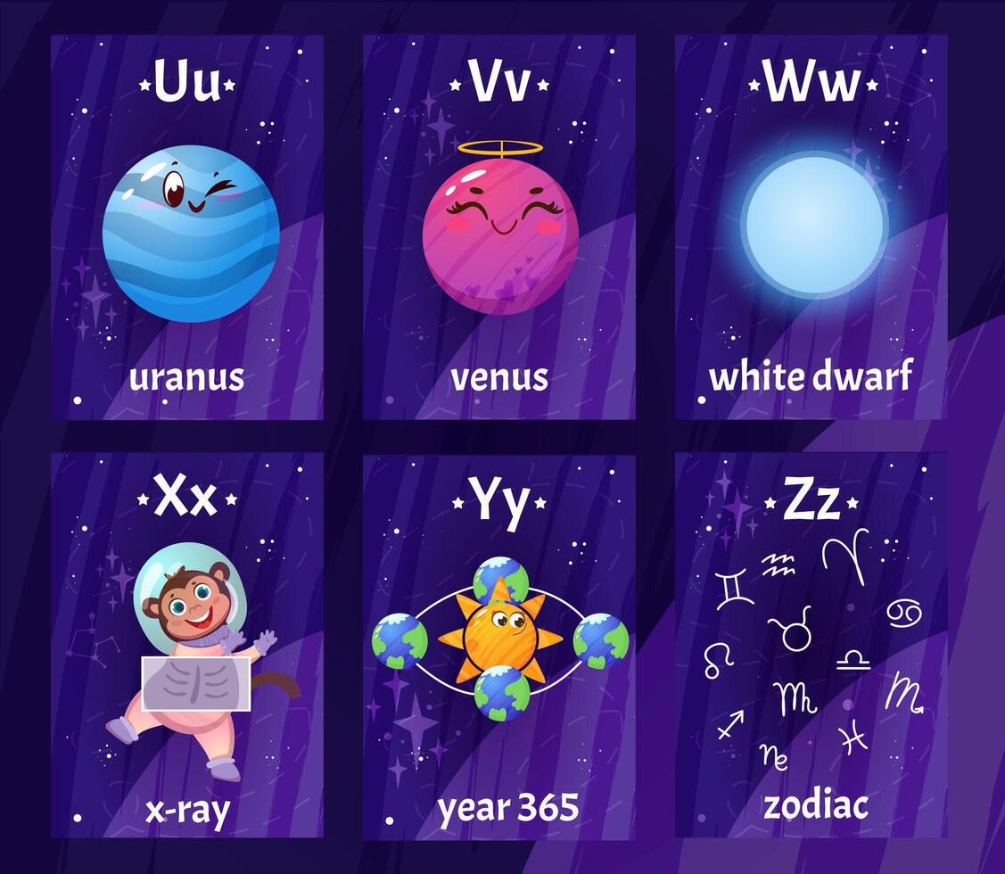 English alphabet flashcards with letters from U to Z for children education. Printable kids flash card with astronaut with X-ray scan, planets in cosmos, white dwarf, zodiac sings for learning letters vector