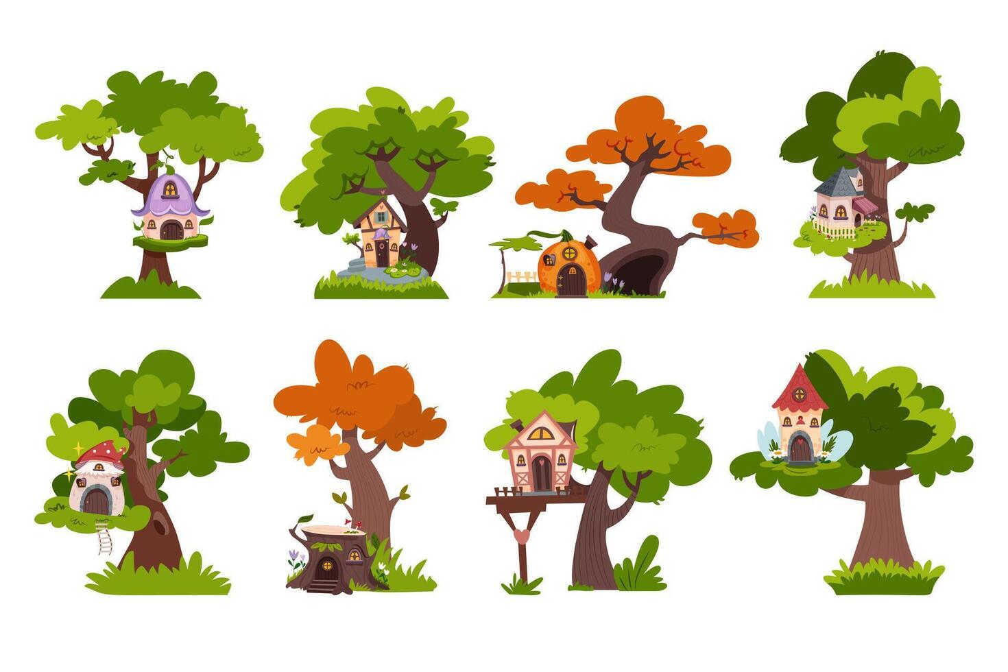 Cartoon fantasy tree houses for children fun games and activities. Fairytale treehouses with windows, doors for kids play. Forest buildings set of gnome, dwarf or elf isolated set on white background vector