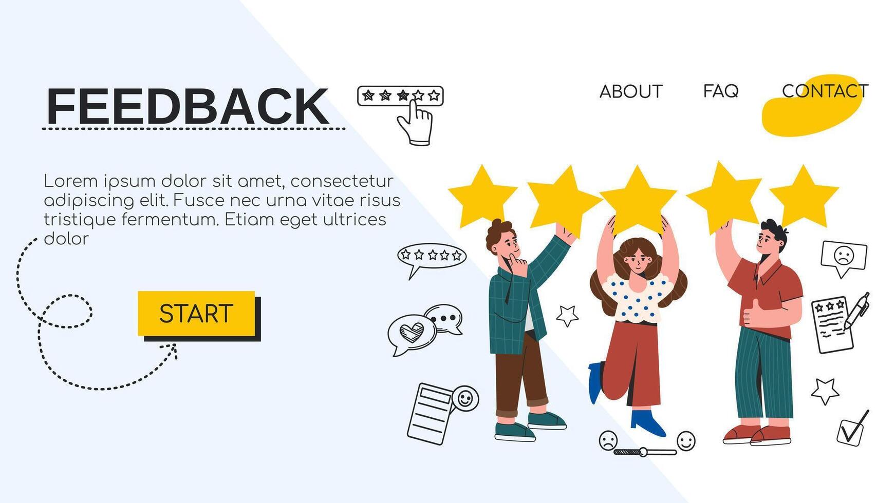 Landing page template with group of people with golden stars, positive review. Customer feedback, opinion or quality ranking concept. Client satisfaction rating. Flat illustration for website vector