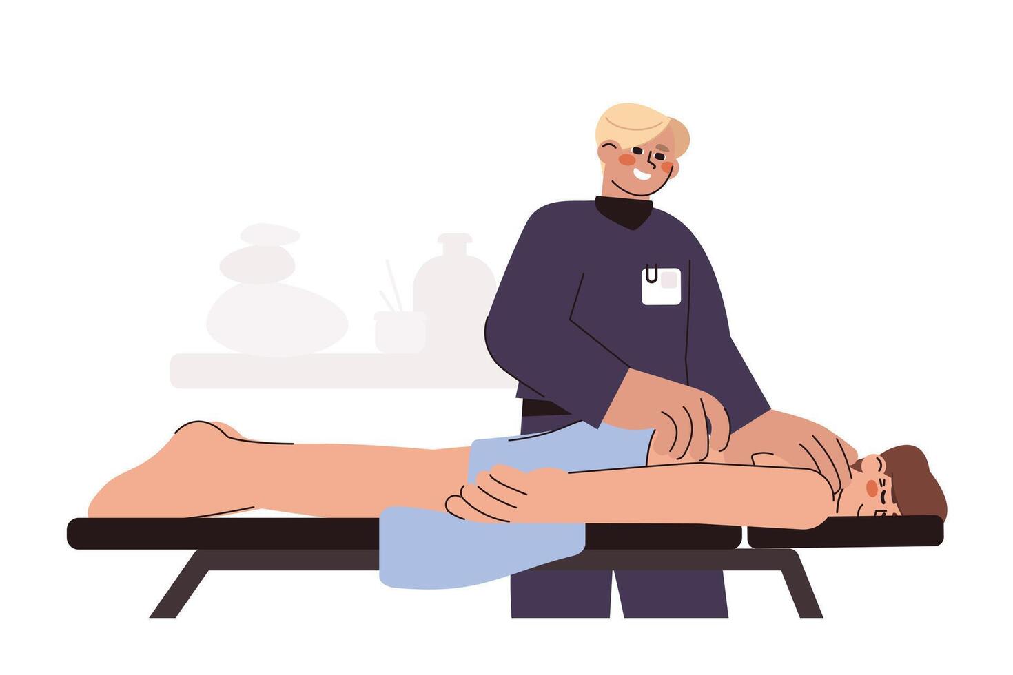 Flat masseur making back massage to patient. Chiropractor doctor and man lying down on couch. Professional osteopath or physiotherapist in clinic. Physiotherapy for body recovery and rehabilitation. vector