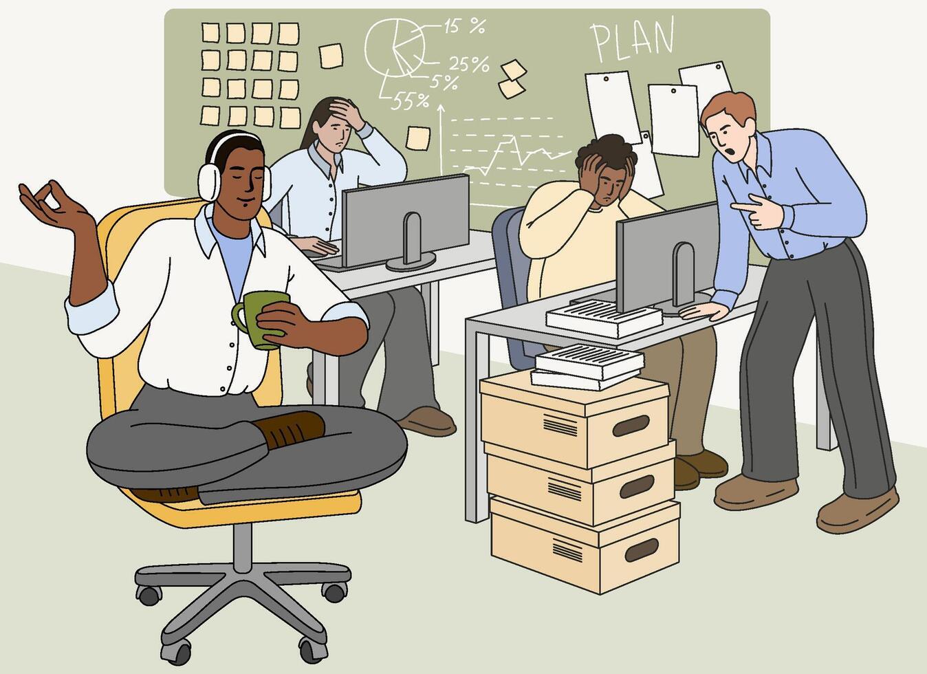 Flat angry boss standing over tired employees and yelling at workers. Tired characters feeling stress at work, man meditating in lotus pose and keep calm. Leader or colleague pressure office people. vector