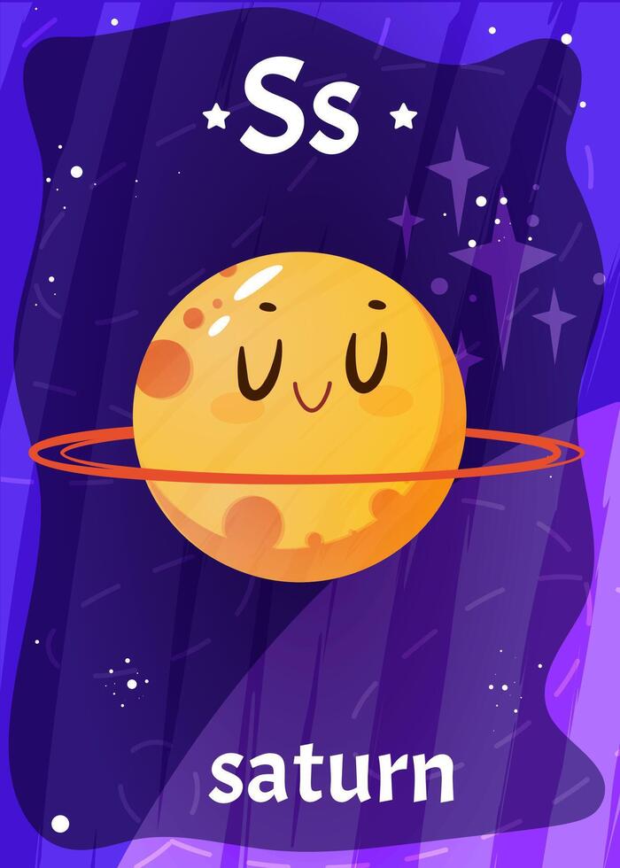 Printable space alphabet flashcard with letter S. Cartoon cute saturn planet in solar system with english word name on flash card for children education. Kid cards for teaching reading in preschool vector