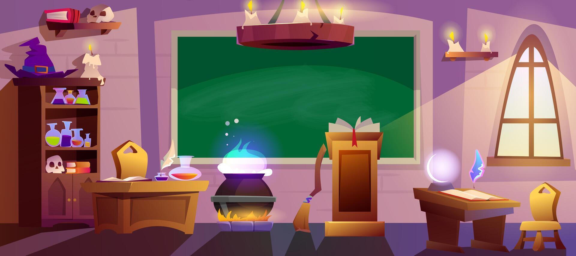 Cartoon magic school classroom with chalkboard, cauldron, witch hat and wooden desks for pupils. Empty wizard room with spell book, broom, window, glowing candles and green blackboard. vector